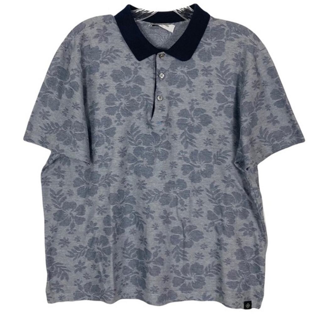 NWOT GRAN SASSO Polo Shirt Men 52~L ITALY Floral Grey Navy Collar Short-Sleeve